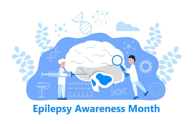 Vector epilepsy awareness month on november in usa concept vector brain surgeon are shown tiny doctors treat brain explores the causes of epilepsy cartoon concept vector for banne