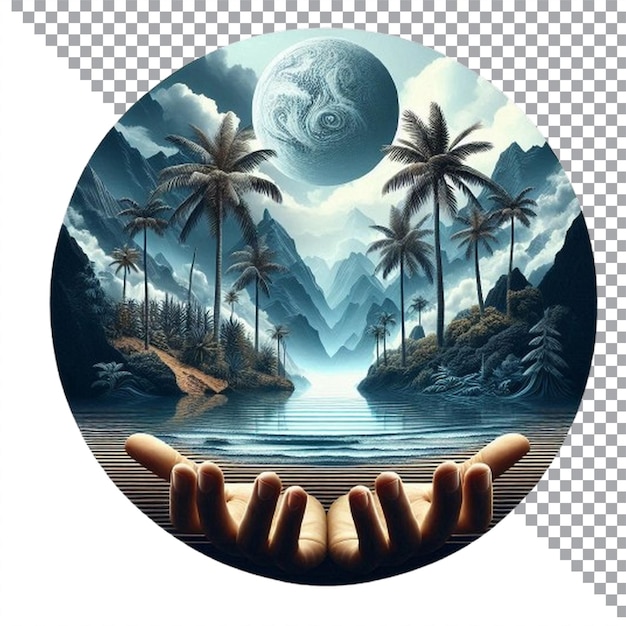 EPS Tropical landscape with palm trees and the moon AI image on transparent white background