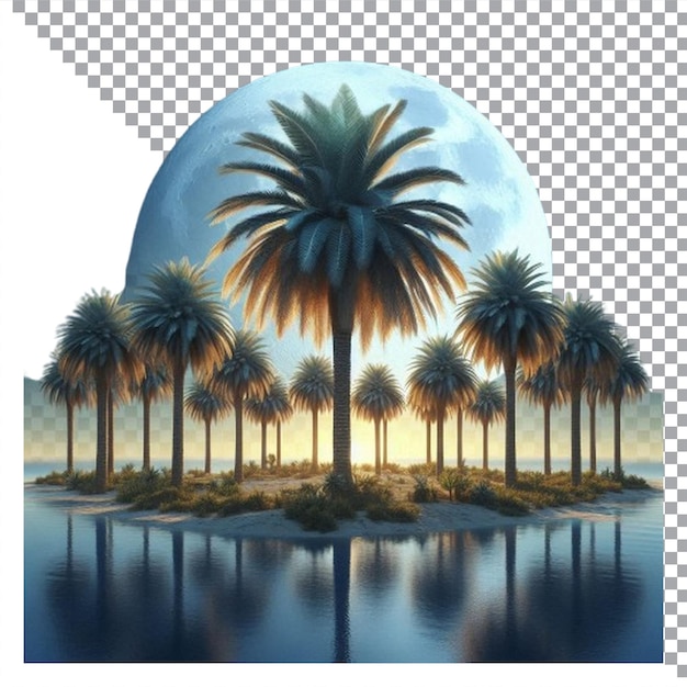 EPS Tropical landscape with palm trees and the moon AI image on transparent white background