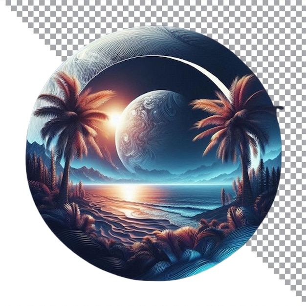 EPS Tropical landscape with palm trees and the moon AI image on transparent white background