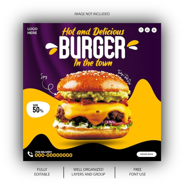 EPS vector delicious burger and food menu social media post design template