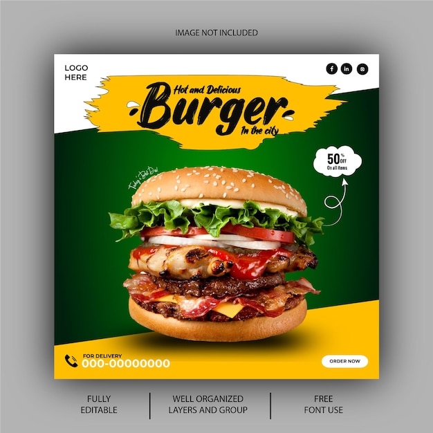 EPS vector delicious burger and food menu social media post design template