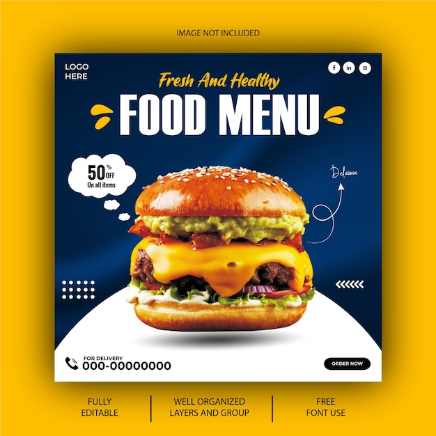 EPS vector delicious burger and food menu social media post design template