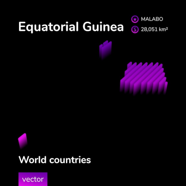 Equatorial Guinea 3D Map Stylized striped vector isometric map of Ecuatorial Guinea is in neon violet and pink colors on black background Educational banner