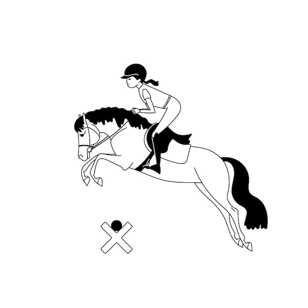 Vector equestrian jumping illustration with rider on horse in midair wearing helmet and equestrian gear