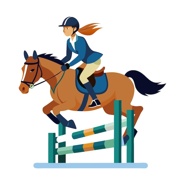 Vector equestrian rider jumping horse over hurdle in competition