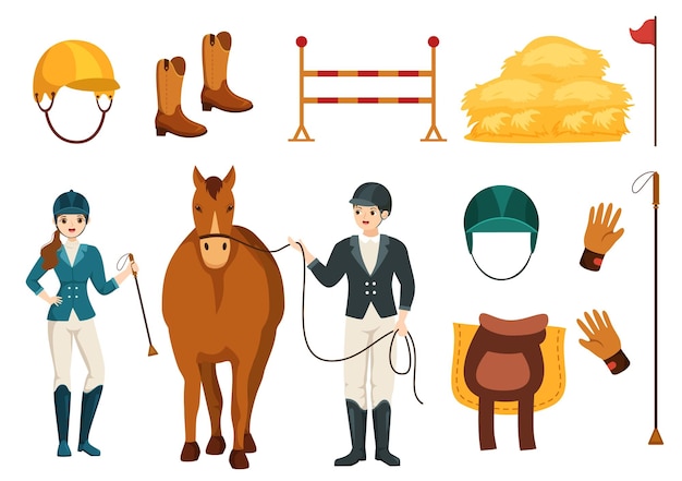 Equestrian Sport Horse Trainer with Riding and Running Horses in Hand Drawn Template Illustration