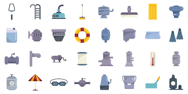 Equipment for pool icons set flat vector Clean skimmer