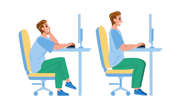 In Ergonomic Posture Sit Man At Computer Vector. Worker Guy Sitting In Ergonomic Posture At Screen Workplace. Character In Correct Pose Working At Workspace Flat Cartoon Illustration