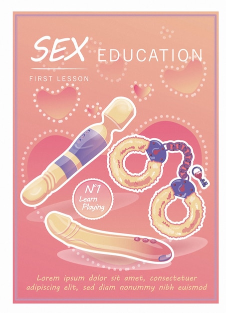 Erotic poster with sex toys, handcuffs and vibrators