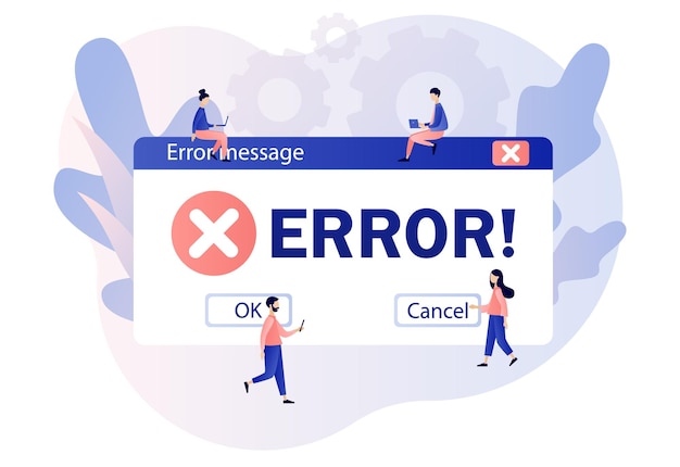 Error message Tiny people examining operating system error warning window Modern flat cartoon