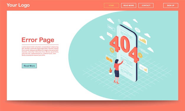 Error page isometric landing page template. 404 broken link notification on phone. User, client web search malfunction experience. Server not found message on webpage with text space, landing page