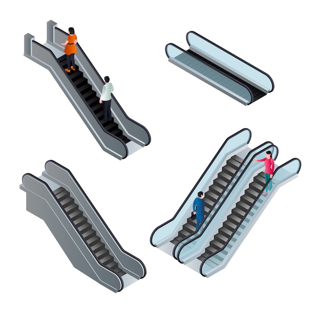 Escalator elements set, isometric style