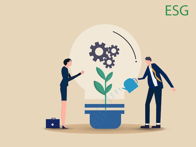 Vector esg environmental social and corporate governance company responsibility to care world environment business people touch light bulb with seedling green plant and governance gear