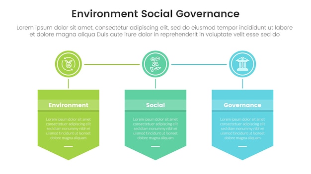 esg environmental social and governance infographic 3 point stage template with badge box and circle connected for slide presentation