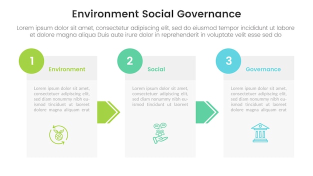 esg environmental social and governance infographic 3 point stage template with box information and arrow concept for slide presentation vector