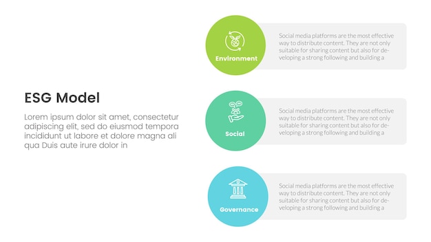 esg environmental social and governance infographic 3 point stage template with vertical circle shape direction concept for slide presentation vector