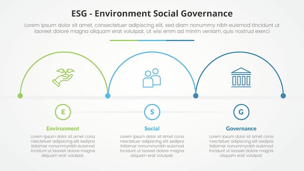 ESG frameworks infographic concept for slide presentation with half circle outline horizontal direction with 3 point list with flat style