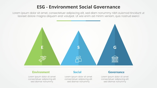 ESG frameworks infographic concept for slide presentation with triangle pyramid shape horizontal with 3 point list with flat style