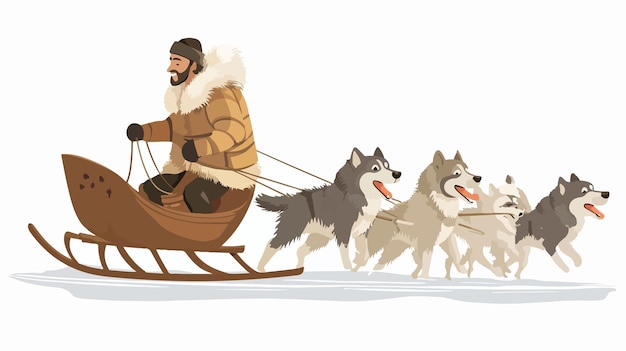 Vector eskimo man riding in a sledge pulled by dogs arctic adventure concept