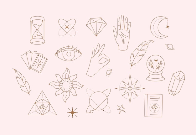 Esoteric elements collection Magic icons minimalistic symbols planets hands and crystals cards and eyes Hand drawn linear vector illustration