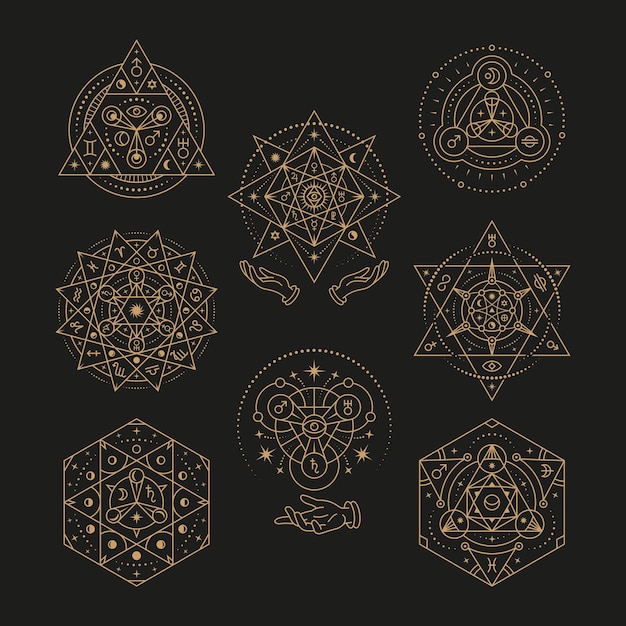 Vector esoteric geometric symbols abstract philosophy totem magic moon sacred tattoo template mystic astrology pentagramm tidy vector collection