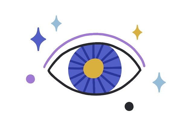 Esoteric magic evil eye among stars. Mystical occult eyeball with hypnotic look. Holy God watching. Ancient spiritual symbol in doodle style. Flat vector illustration isolated on white background