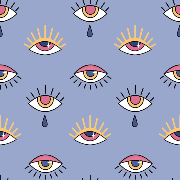 Esoteric magic eyes seamless pattern on lilac background Colored evil eye icons with eyelashes