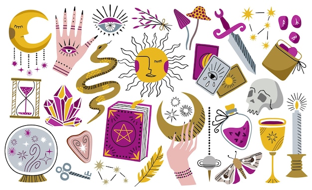 Vector esoteric symbols vector hand drawn set boho mystical witch collection magic icons