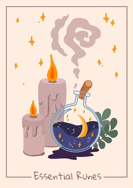 Esoteric Wall Decor with Magic Bottles and Candles. Tarot Card aesthetic, Kids style. Hand-drawn Vector illustration, Flat design.