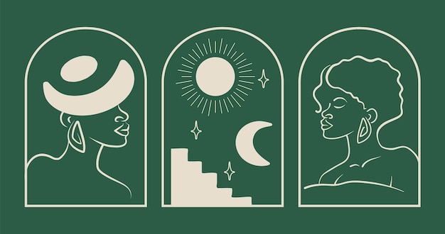 Esoteric woman emblem set with moon and sun Magic simple logo icons