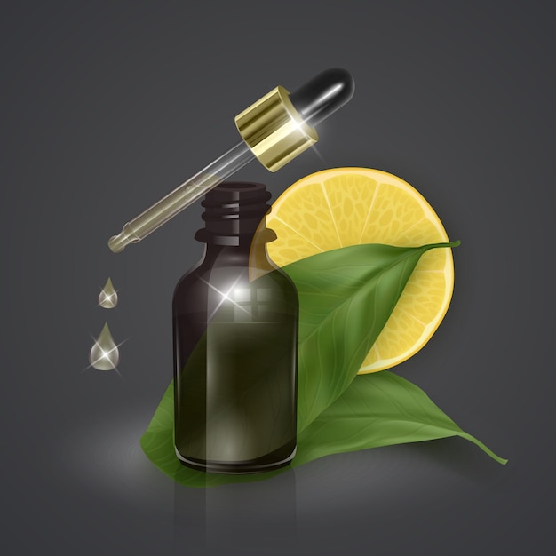 Essential oil with lemon, Vitamin C, realistic 3d illustration. Hydration serum with lemon extract.