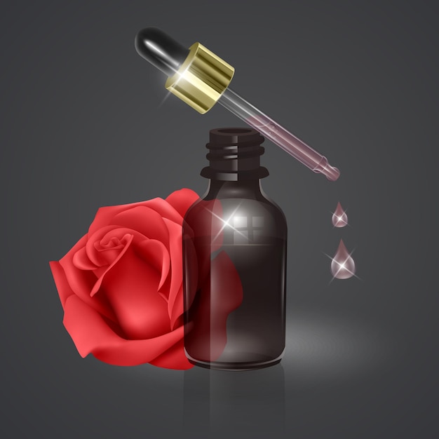 Essential rose oil, realistic 3d illustration. Hydration serum with rose extract. Perfect for advertising, flyer, banner, poster. Vector EPS 10