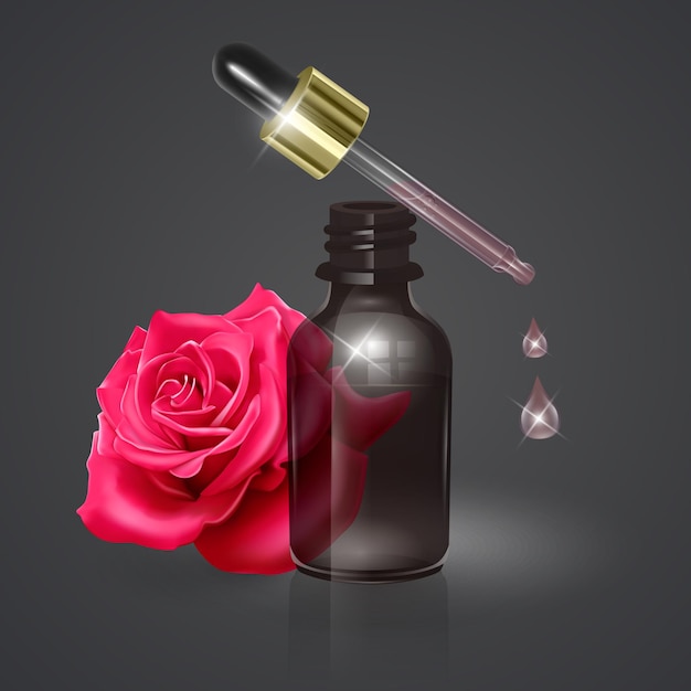 Essential rose oil, realistic 3d illustration. Hydration serum with rose extract.