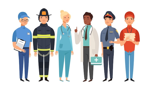 Essential workers. Isolated frontliners group, people working on virus pandemic. Doctor policeman fireman postman delivery boy vector set