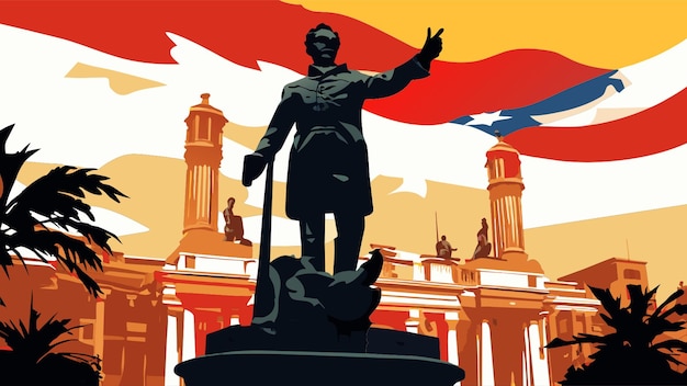 Vector estatua simon bolivar edificios y casas de venezuela vector illustration flat 2