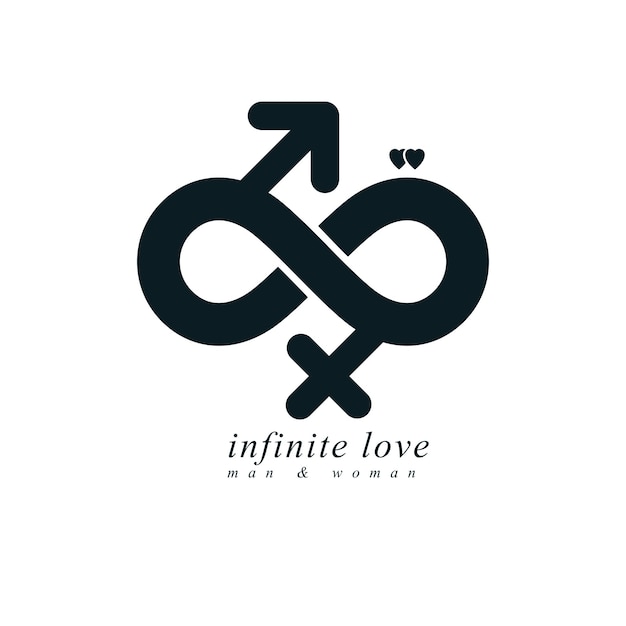 Eternal Couple conceptual logo, vector symbol created with infinity sign and male Mars an female Venus signs. Relationship idea.