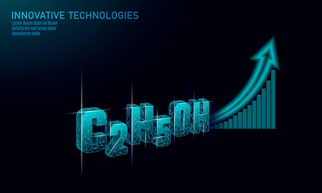 Ethanol formula biofuel industry growing trend. Ecology science C2H5OH eco concept graph. Renewable biorefinery organic gas 3D render polygonal innovation technology illustration