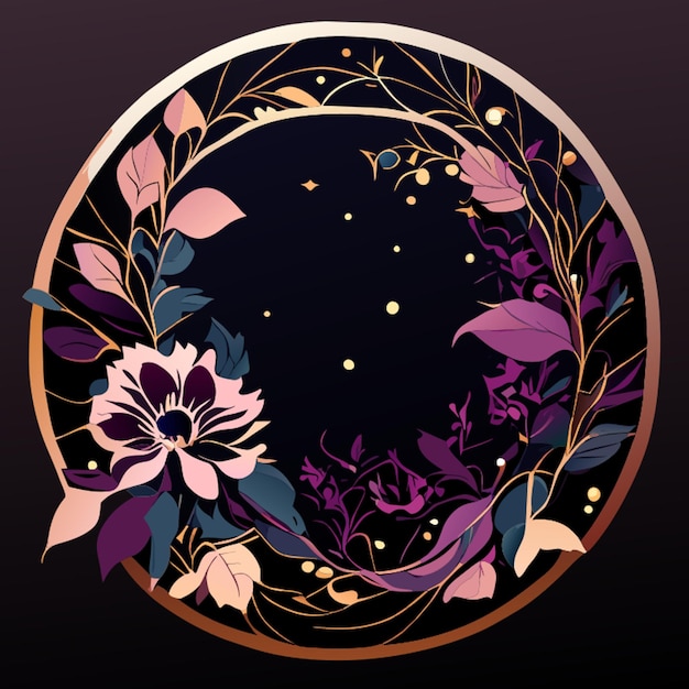 Vector ethereal elegance hand crafted floral round frame isolated with dark background vector