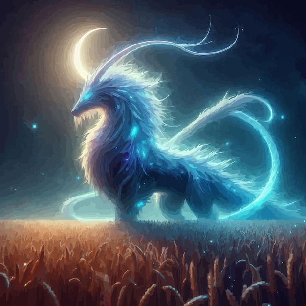 Ethereal Guardian Majestic NeonBlue Creature in Moonlit Wheat Field