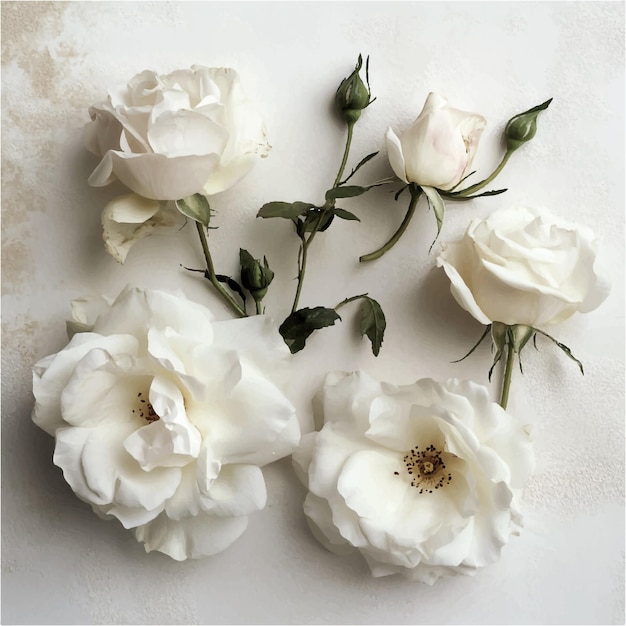 Vector ethereal white roses delicate blooms and verdant leaves in soft focus on pristine background