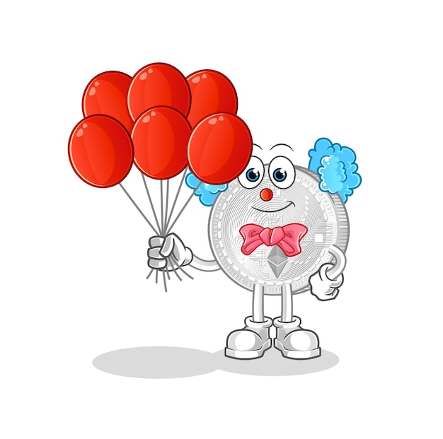 Ethereum coin clown with balloons vector. cartoon character