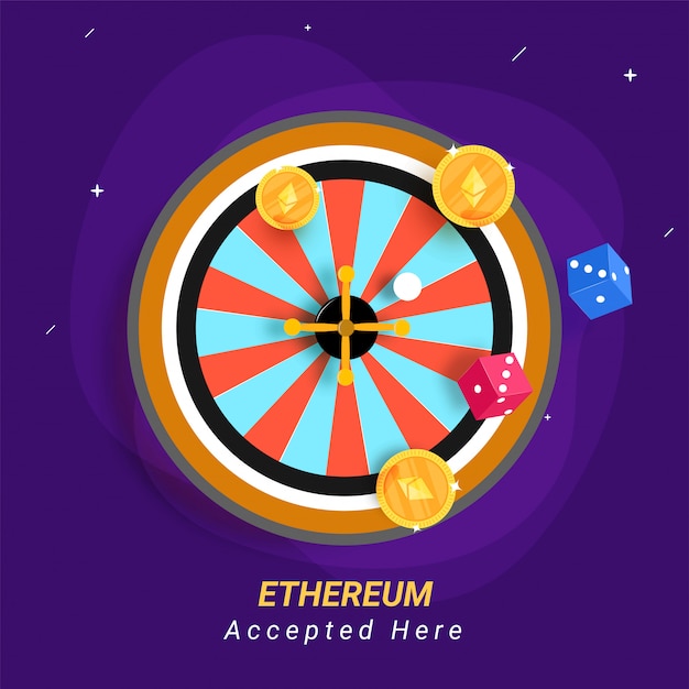 Ethereum coins on purple background. Concept for cryptocurrencies are acceptable in casino