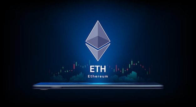 Ethereum cryptocurrency symbol come out from smartphone with growth chart.