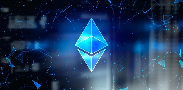 Ethereum ETH cryptocurrency token symbol on dark polygonal background