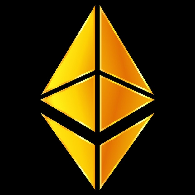 Ethereum ETH golden symbol in front view isolated on black Design element