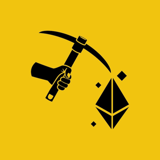 Ethereum mining concept pickaxe in hand produces digital coins in the mountain vector illustration f