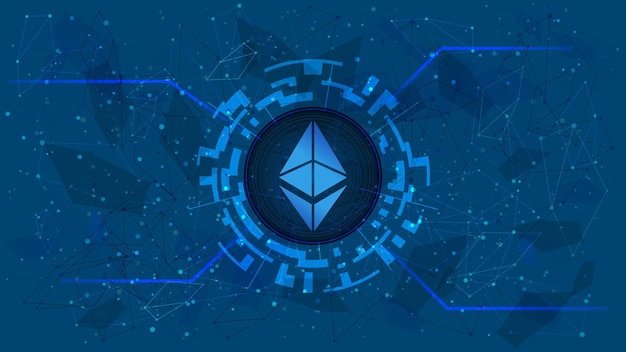 Ethereum token symbol, ETH coin icon, in a digital circle with a cryptocurrency theme on a blue background. Digital gold in futuristic style for website or banner. Copy space. Vector EPS10.