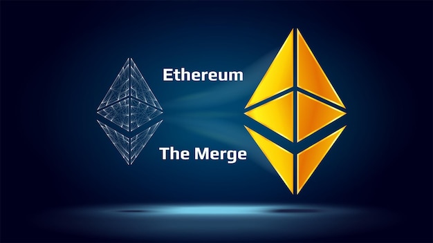 Vector ethereum wireframe symbol flows into golden eth symbol on dark blue background ethereum eth will merge with beacon chain proof of stake system pos vector