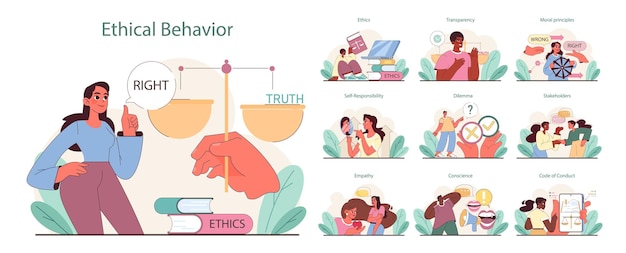 Vector ethical behavior set balancing truth and rightness exploring transparency in decisions engaging